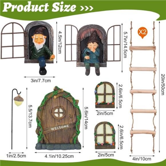 7 Pcs Fairy Garden Accessories Tree Hugger Gnome Statue Fairy Door Window Set - Picture 2 of 8